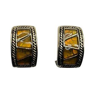Vintage Monet Magnetic Huggie Hoop Earrings Amber Mosaic Inlay Clip-On Gold-Tone